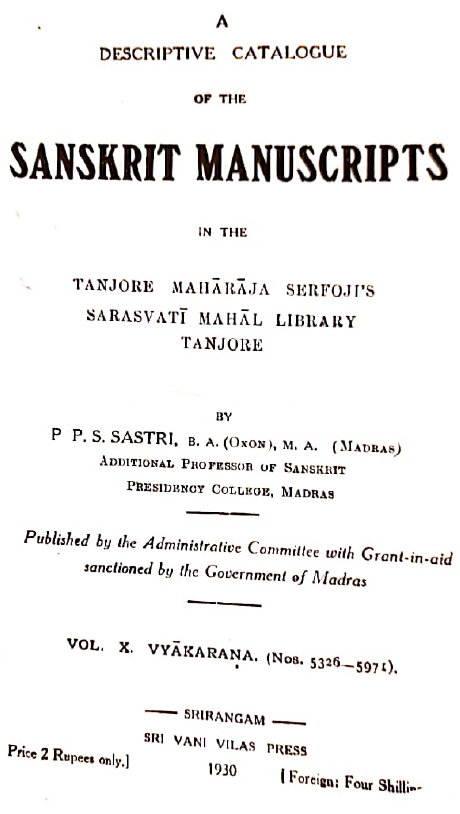 A DESCRIPTIVE CATALOGUE OF SANSKRIT MANUSCRIPTS (SN-11)